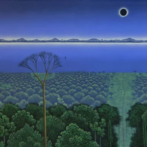 Noche que dura un suspiro, pintura de César Mendoza con paisaje nocturno, eclipse y vegetación en acrílico sobre tela.