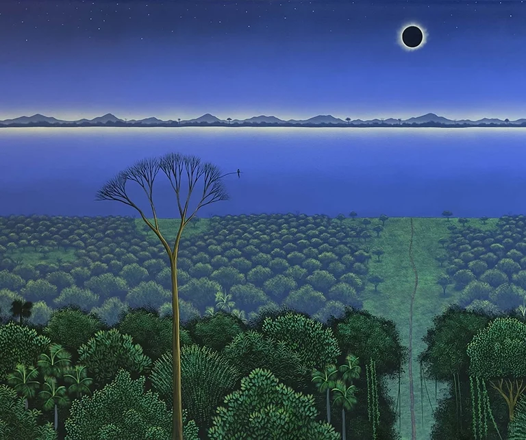 Noche que dura un suspiro, pintura de César Mendoza con paisaje nocturno, eclipse y vegetación en acrílico sobre tela.