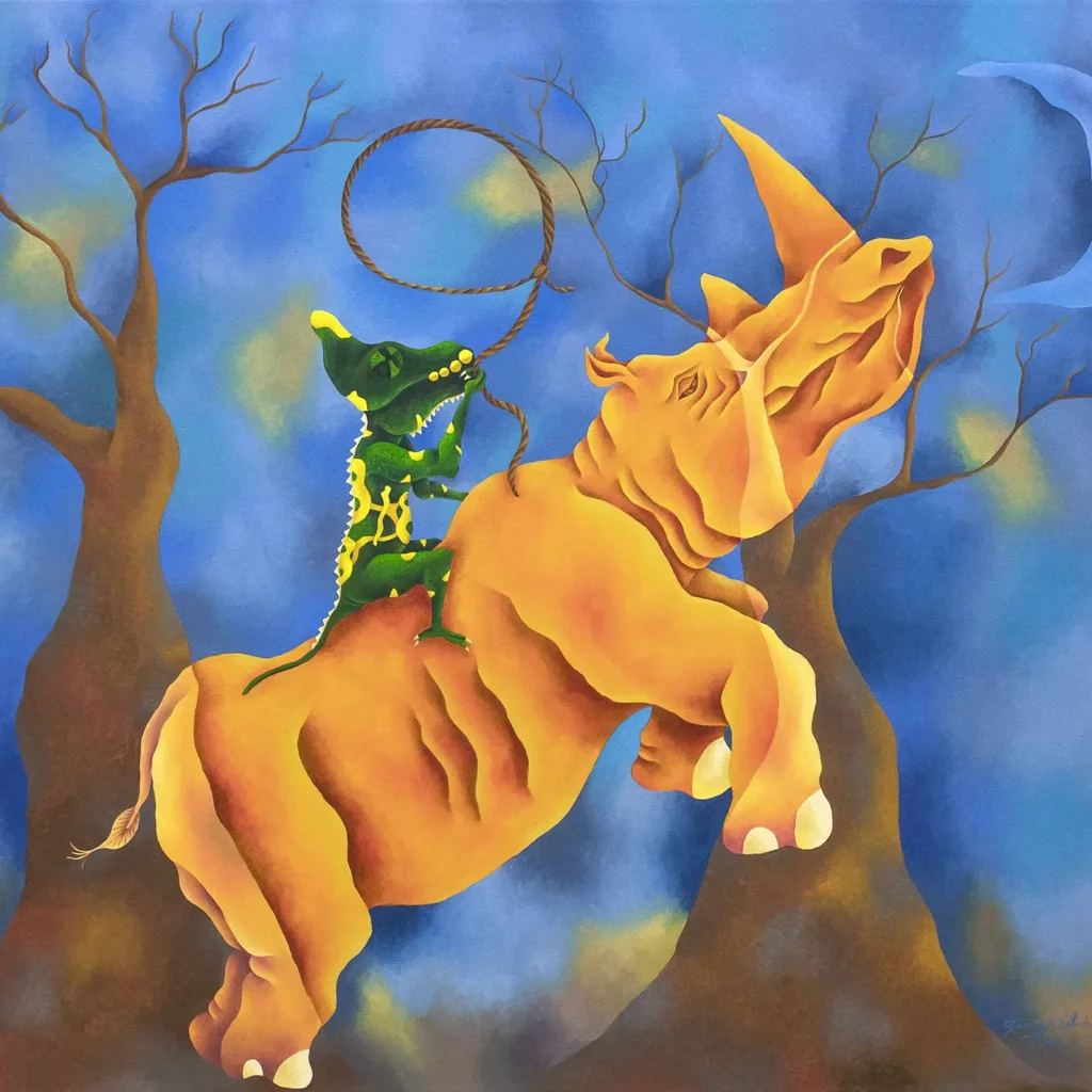 Refugiarse en la luna, pintura surrealista de rinoceronte con figura simbólica de Aldo Jiménez en óleo sobre tela