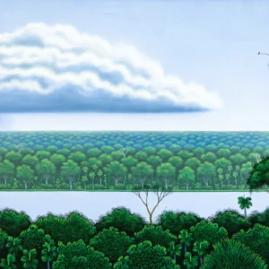 Lluvia que acompaña un recuerdo, pintura de César Mendoza con paisaje de árboles, agua y cielo nublado en acrílico sobre tela.