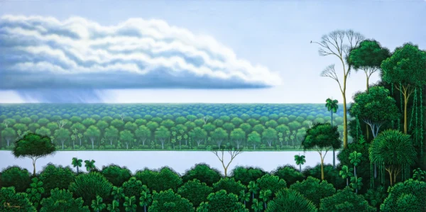 Lluvia que acompaña un recuerdo, pintura de César Mendoza con paisaje de árboles, agua y cielo nublado en acrílico sobre tela.