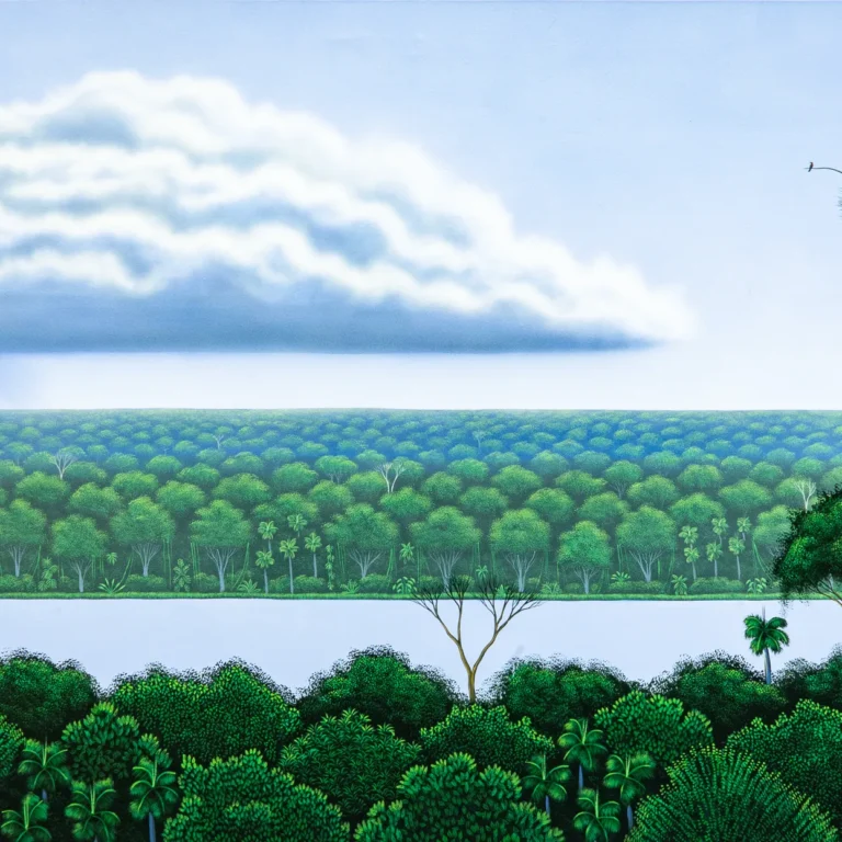 Lluvia que acompaña un recuerdo, pintura de César Mendoza con paisaje de árboles, agua y cielo nublado en acrílico sobre tela.
