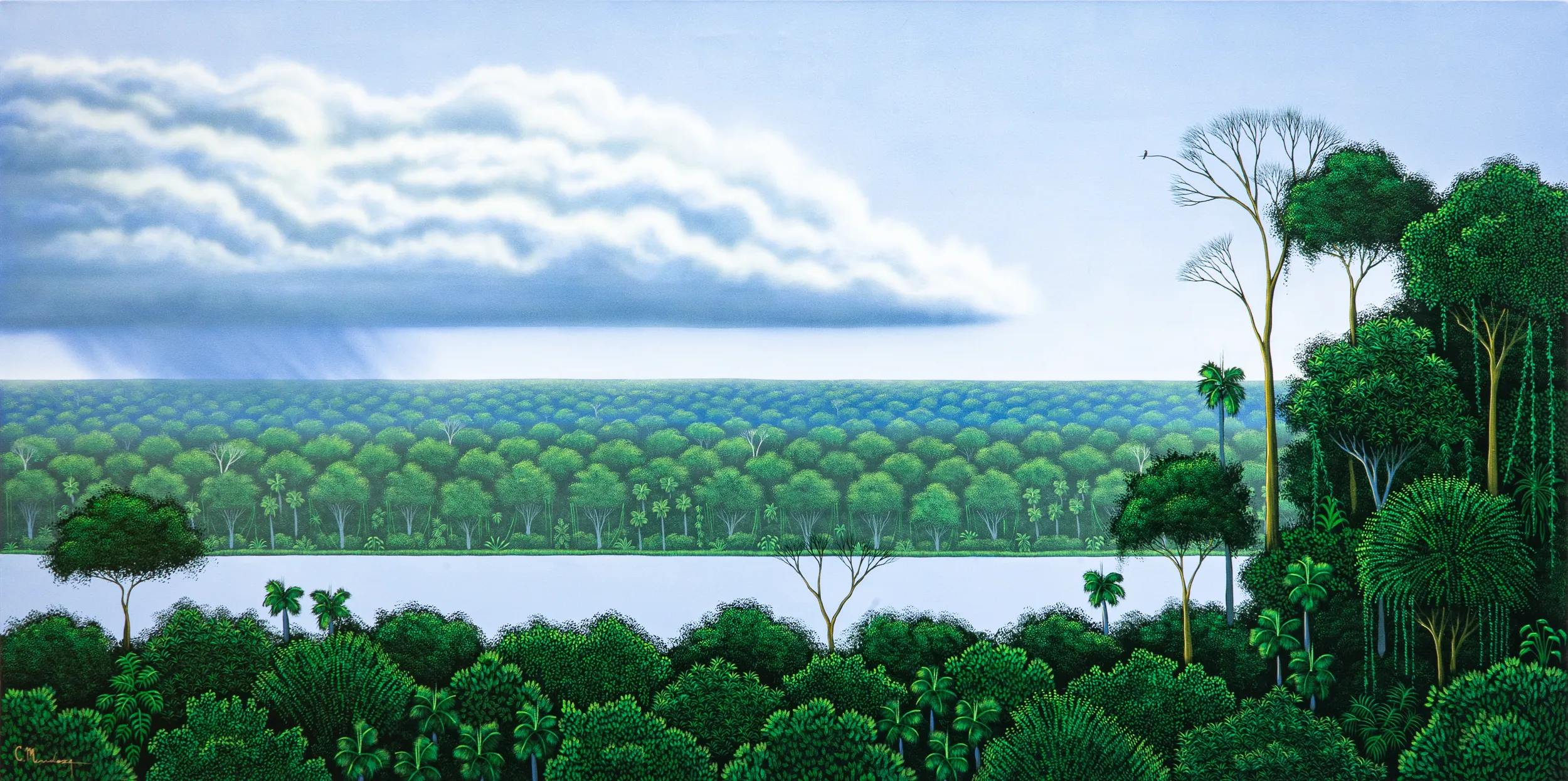 Lluvia que acompaña un recuerdo, pintura de César Mendoza con paisaje de árboles, agua y cielo nublado en acrílico sobre tela.