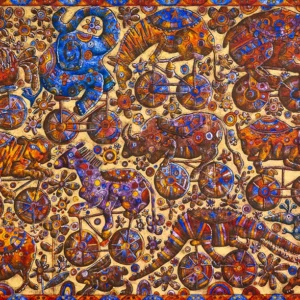 Animales rotatorios, pintura de Isabel Garfias en óleo sobre tela con composición densa de figuras animales y patrones coloridos.