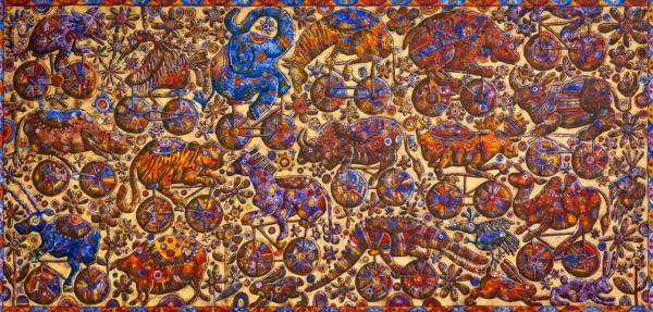 Animales rotatorios, pintura de Isabel Garfias en óleo sobre tela con composición densa de figuras animales y patrones coloridos.