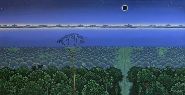 Noche que dura un suspiro, pintura de César Mendoza con paisaje nocturno, eclipse y vegetación en acrílico sobre tela.