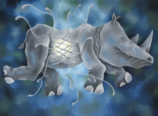 Pintura “Expandiendo la luz” de Aldo Jiménez Salud. Óleo sobre tela, 110 x 150 cm, 2024. Expandiendo la luz, pintura surrealista de rinoceronte de Aldo Jiménez Salud en óleo sobre tela