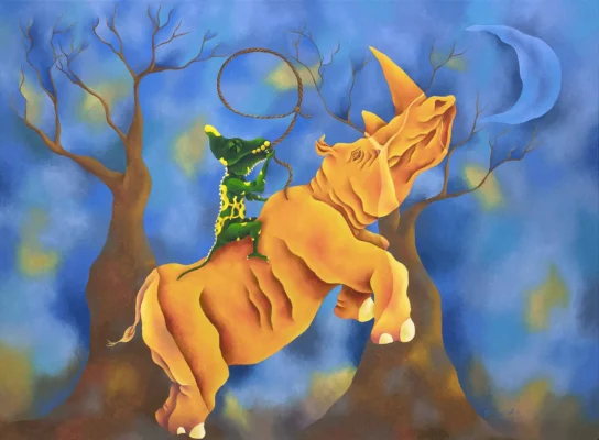 Pintura “Refugiarse en la luna” de Aldo Jiménez. Óleo sobre tela, 150 x 110 cm, 2019. Refugiarse en la luna, pintura surrealista de rinoceronte con figura simbólica de Aldo Jiménez en óleo sobre tela