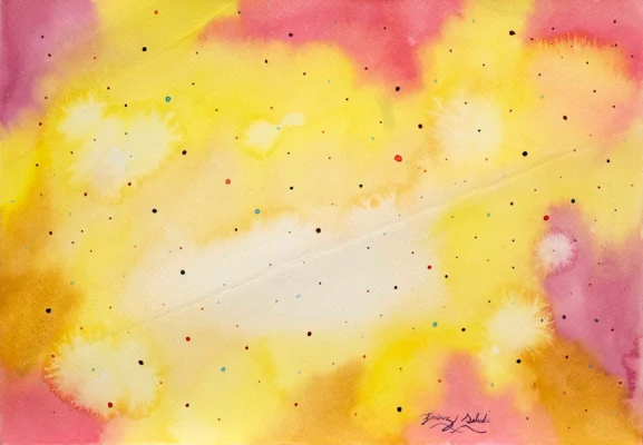 Pintura de Aldo Jiménez Salud. Técnica mixta sobre papel, 35 x 50 cm. Pintura abstracta de Aldo Jiménez Salud en técnica mixta sobre papel con composición en tonos amarillos y rojos