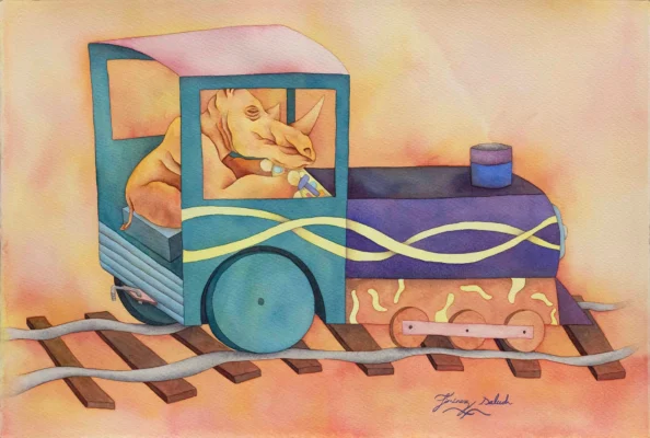 Obra sin título de Aldo Jiménez Salud. Técnica mixta sobre papel, 38 x 56 cm. obra sin título de Aldo Jiménez Salud con figura de animal conduciendo vehículo en composición surrealista, técnica mixta sobre papel