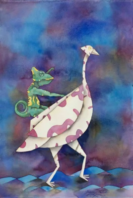 Pintura de Aldo Jiménez Salud. Mixta sobre papel, 56 x 38 cm. Salud, pintura surrealista de Aldo Jiménez Salud con figuras animales y composición simbólica.