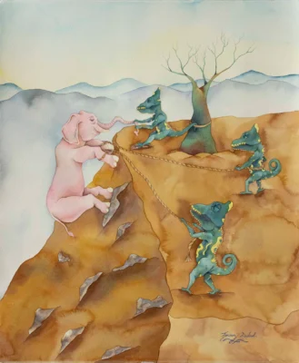Pintura “Salud” de Aldo Jiménez Salud. Técnica mixta sobre papel, 56 x 46 cm. Pintura surrealista de Aldo Jiménez Salud con figura animal y personajes simbólicos en técnica mixta sobre papel