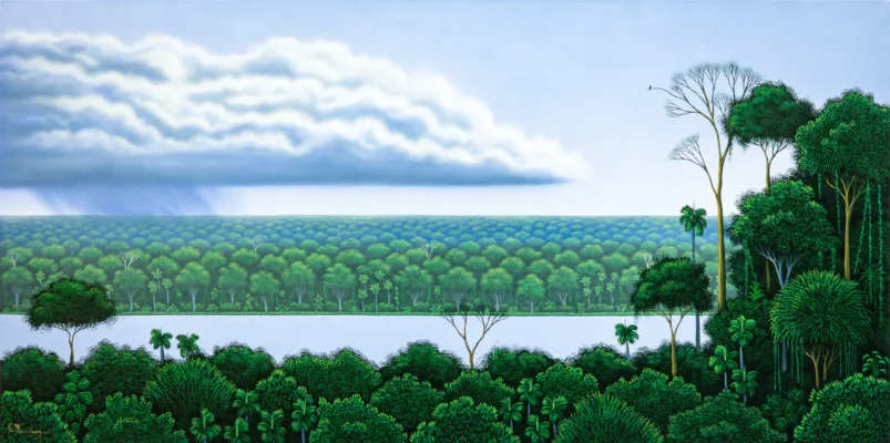 Lluvia que acompaña un recuerdo — César Mendoza, acrílico sobre tela, 2026. 120 x 240 cm. Disponible. Lluvia que acompaña un recuerdo, pintura de César Mendoza con paisaje de árboles, agua y cielo nublado en acrílico sobre tela.