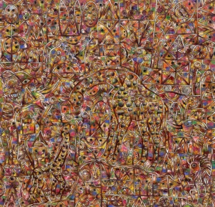 Mitológico — María Sandoval, óleo sobre tela, 2026. 100 x 100 cm. $30,000.00. Disponible. Mitológico, pintura abstracta de María Sandoval en óleo sobre tela con composición compleja y simbólica llena de color.